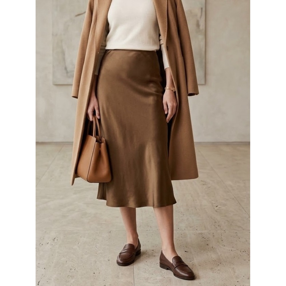 Banana Republic Bronze Brown Silk Bias Cut Midi Slip Skirt XSP Quiet Luxury